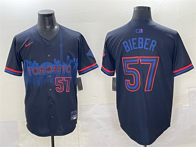 Men's Toronto Blue Jays #57 Shane Bieber Navy 2024 City Connect Limited Stitched Baseball Jersey Men's Toronto Blue Jays #57 Shane Bieber Navy 2024 City Connect Limited Stitched Baseball Jersey